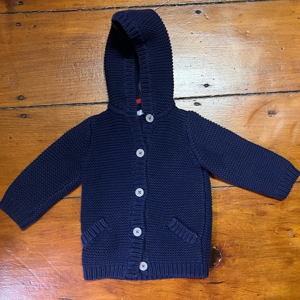 Baby Boden 3-6 month navy blue button up hooded sweater cardigan with pockets